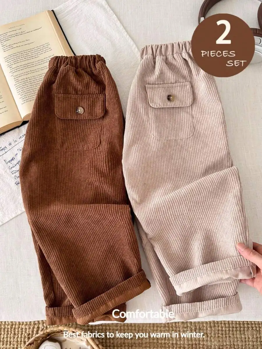 

2-Piece Kids Corduroy Solid Color Casual Pants Set for Boys Girls
