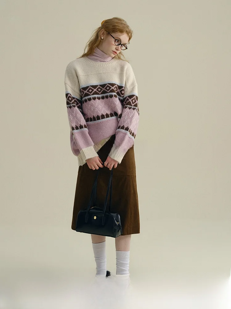 

Rina Berry Woolen Knitted Sweater Retro Color Blo Design Winter Striped Simple Overhead Pullover Polyester Fiber round Ne