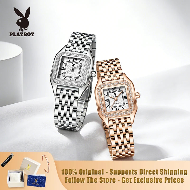 

PLAYBOY 3143 Brand original authentic watch for woman Square quartz women's watch with steel band and diamonds