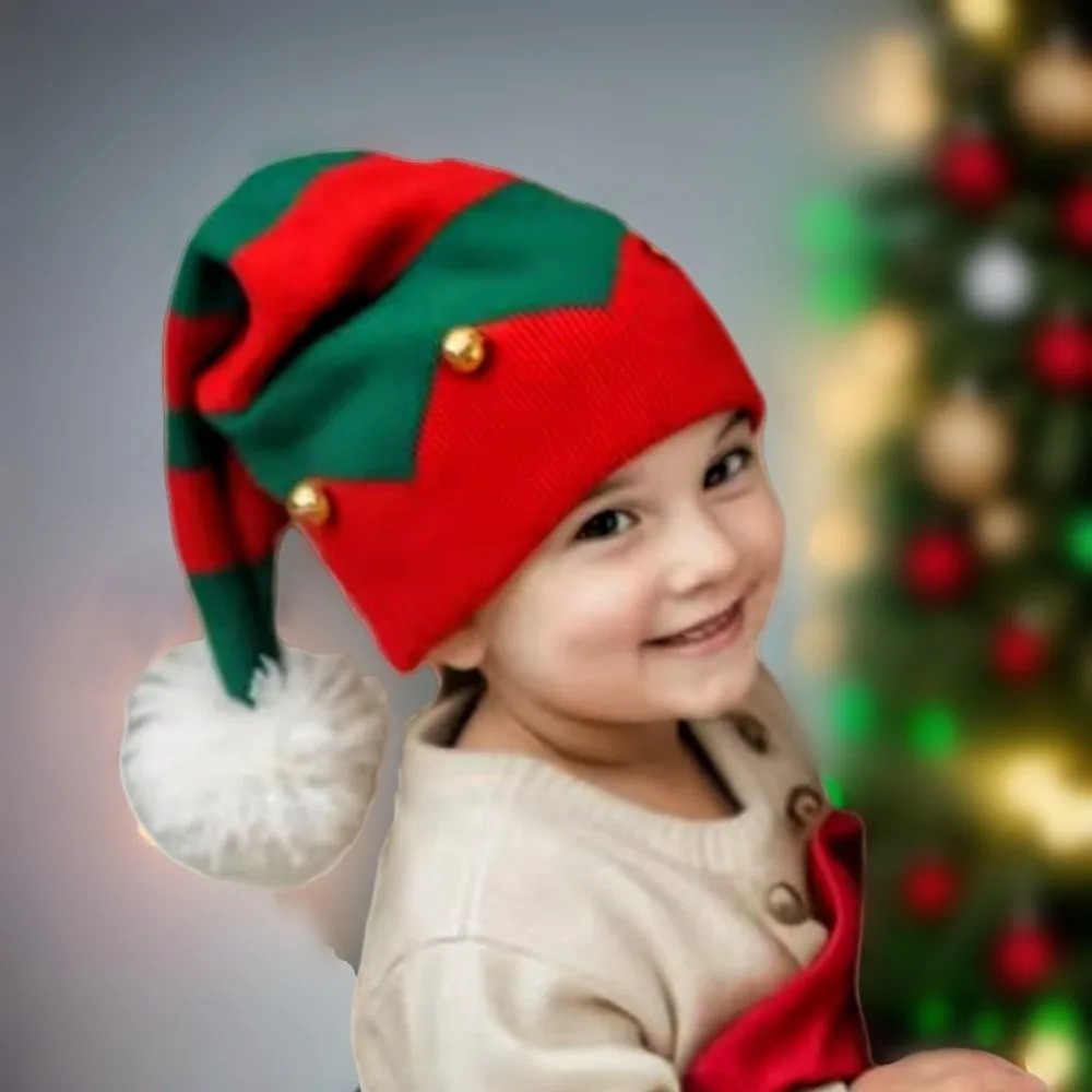 Geschenk Frohe Weihnachten Mütze Weihnachts-Strickmütze Warme Grün-Rote Santa-Mütze Plüschball Koreanischer Stil Wollmütze Frohes Neues Jahr – Detail 4