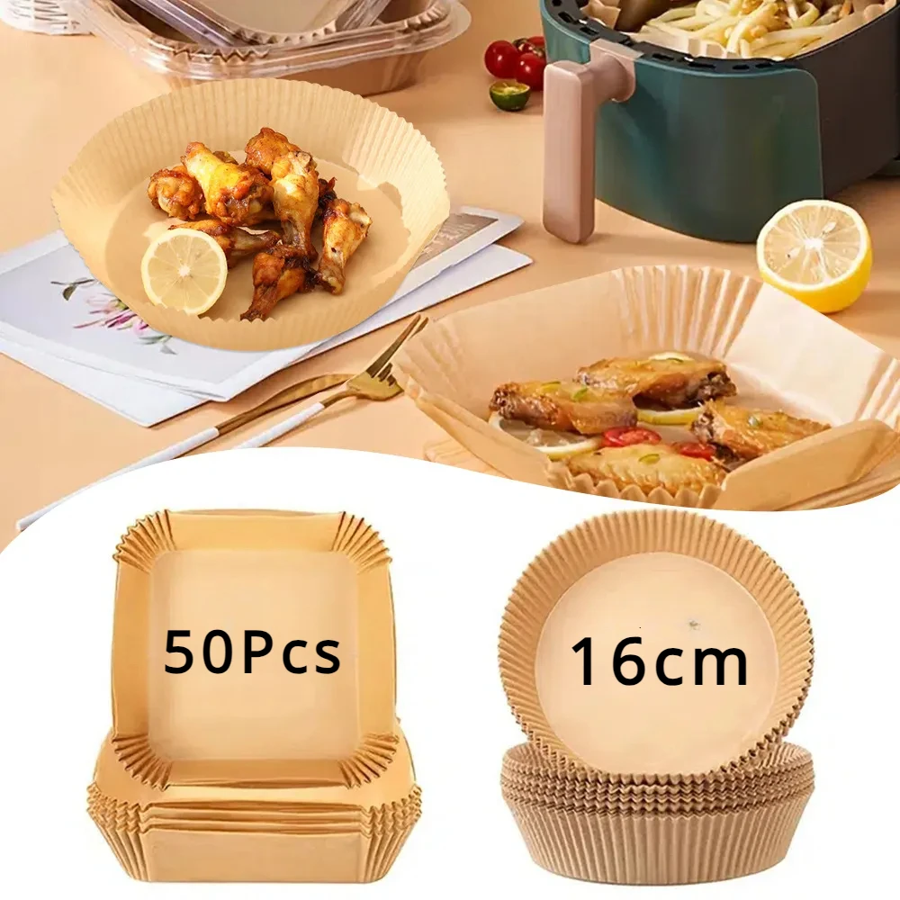 

50Pcs Air Fryer Disposable Paper Liner Oil-proof Parchment Paper Tray Non-Stick Baking Mat AirFryer Accessories Square Round