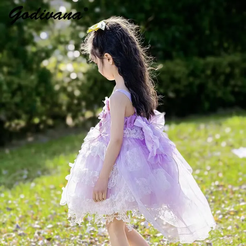 2026 Summer New Stylish Baby Girls Sweet Lolita Princess Dress Kids High End Heavy Tulle Bow Train Floral Performance Tutu Dress