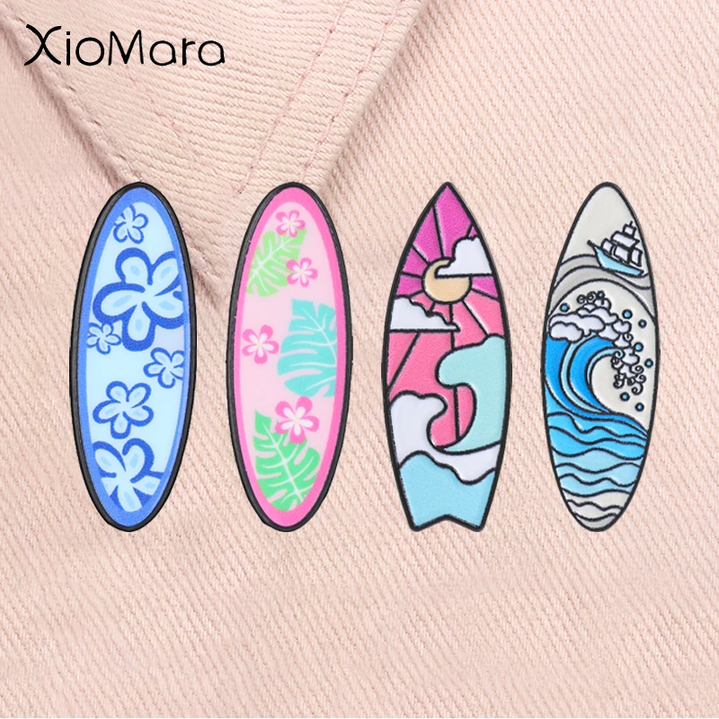 Hawaiian Flower Surfboard Enamel Pin Summer Beach Vibes Tropical Plant Ocean Wave Sunset Coast Brooches Lapel Badge Jewelry Gift