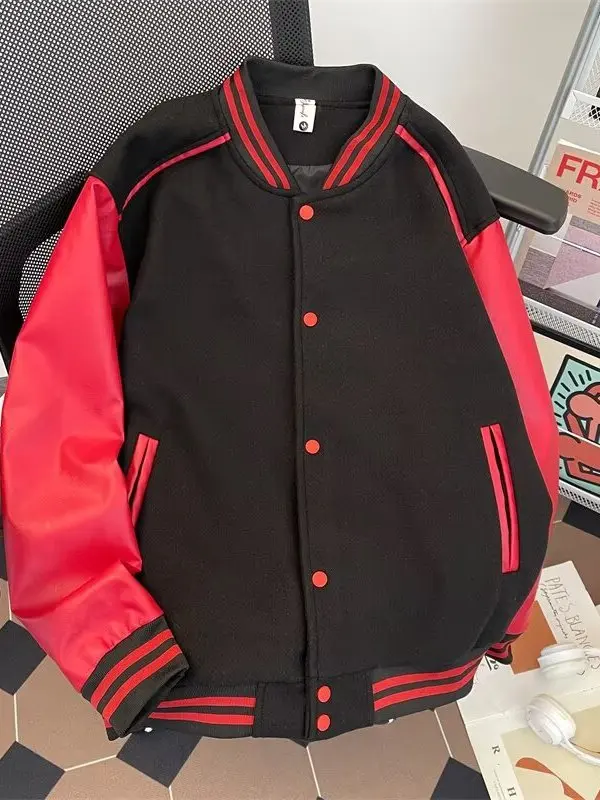 レトロアメリカン刺繍入りベースボールジャケットルーズカジュアル春秋ユニセックス服長袖レターパターンコート