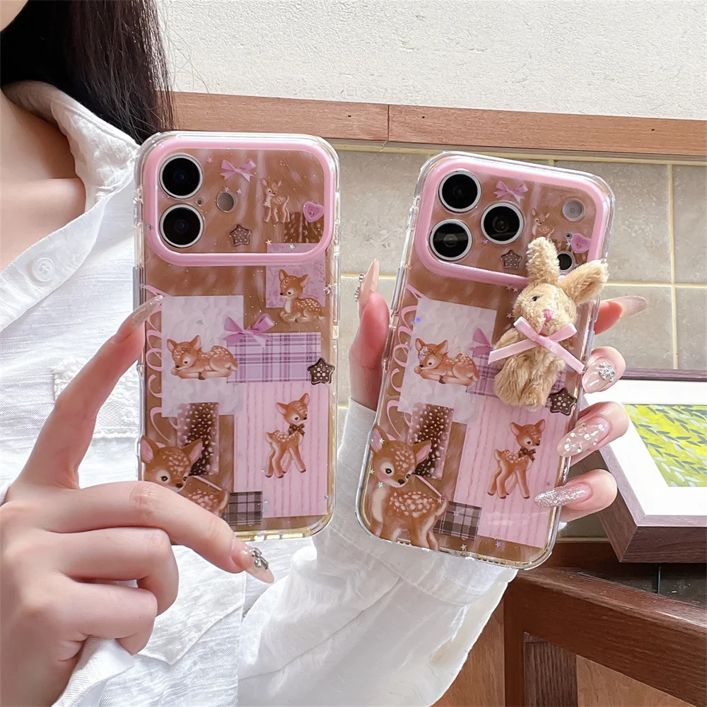 Funda para teléfono con diseño de ciervo Bambi, estilo coreano, para iPhone 18 Pro Max, 18 Pro, 17, 16, 15. Incluye un cordón con un adorno de conejito de peluche y es resistente a los golpes.