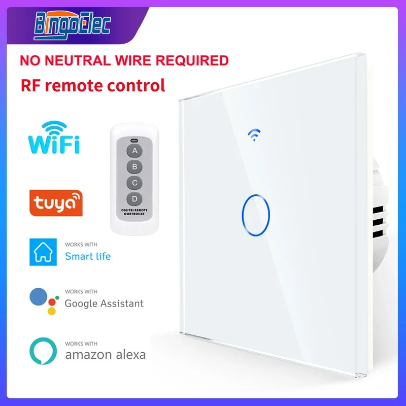 Smart Home WiFi Toque Interruptor, Sem Fio Neutro Necessário, 1, 2, 3 Gang, Interruptor de Luz Remoto, 220V, Suporte Alexa, Tuya App, Bingoelec