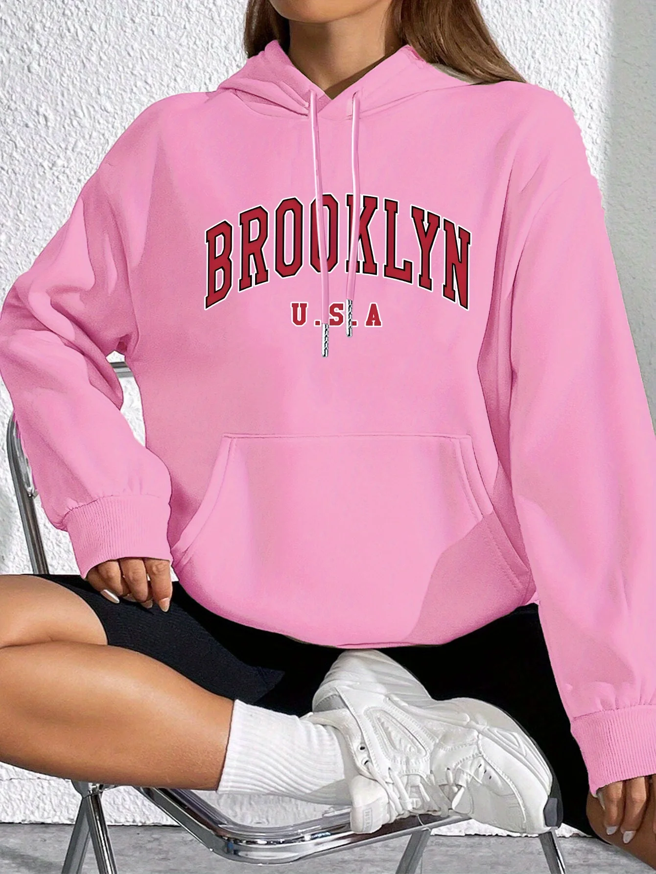 Chic Alphabet Drawstring Hoodie Women's Casual Knit Sweatshirt with Kangaroo Pockets Durable Stretch Fabric for Fall/Winter