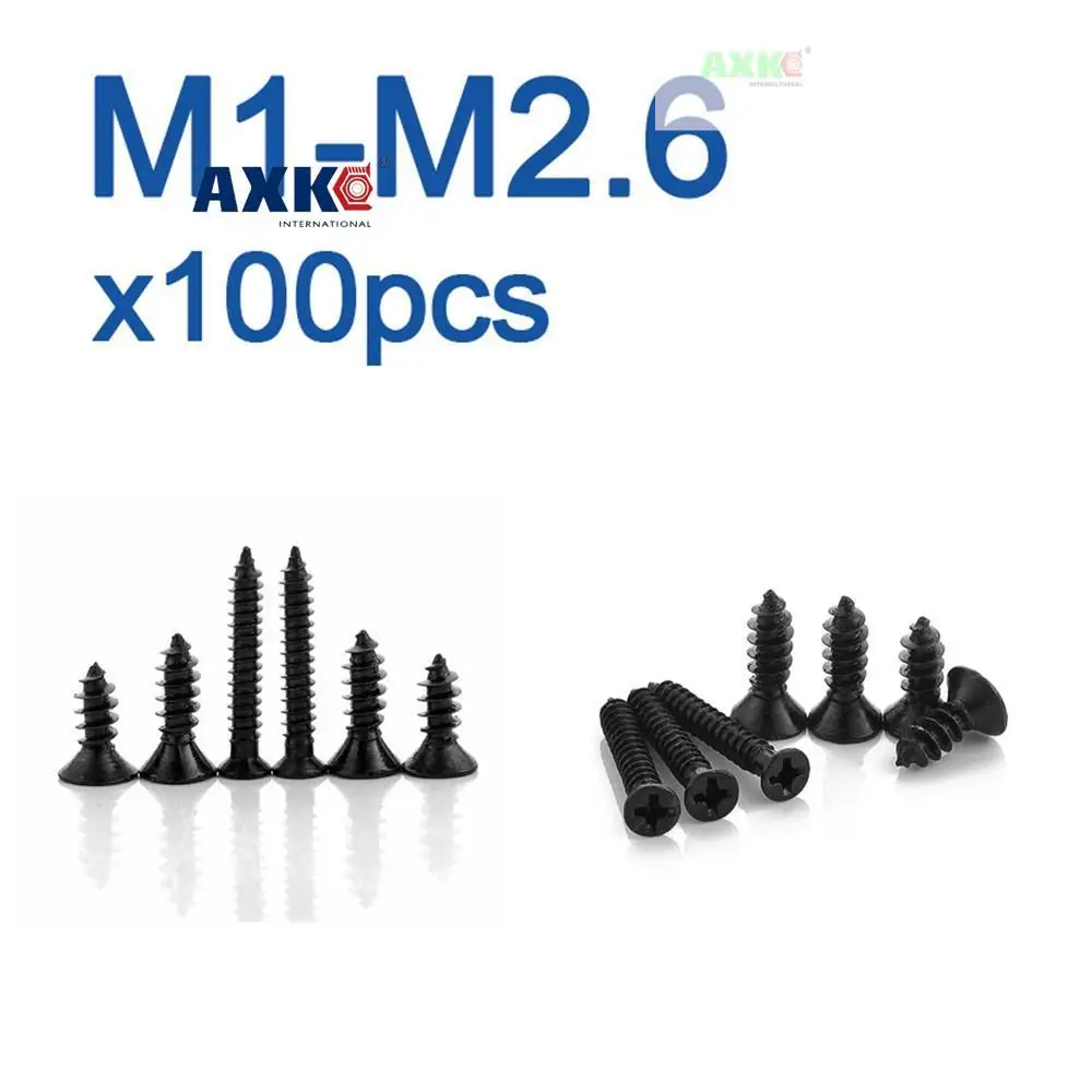 100pcs/lot M1.2 M 1.3 M1.4 M1.5 M1.6 M1.7 1.8 M2.2 2.5 2.6 Black Carbon Steel Phillips Flat Countersunk Mini Self-tapping Screw