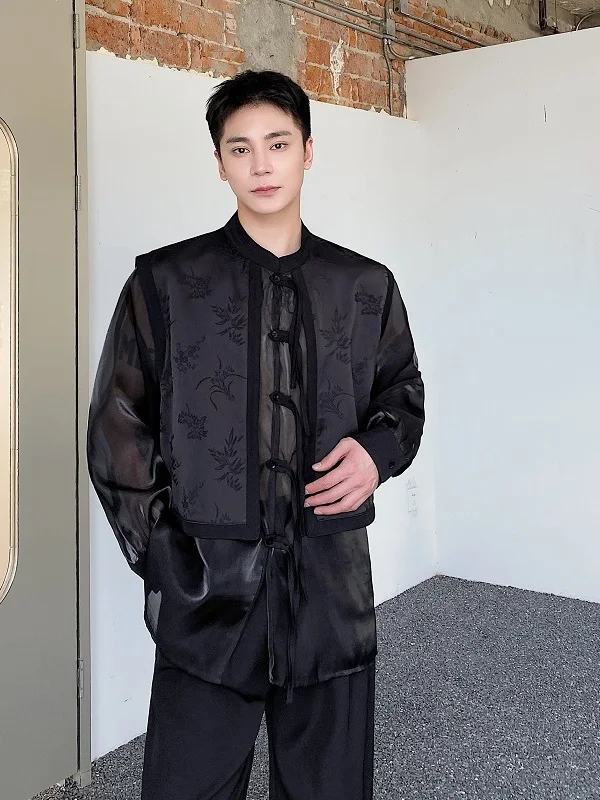 

Новая летняя мужская рубашка в китайском стиле с длинным рукавом, воротником-стойкой, вышивкой и эффектом двухслойности (имитация жилета)