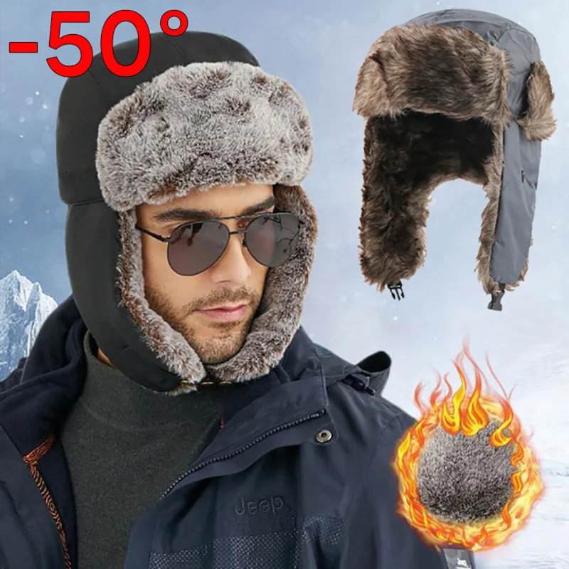 

Thicken Faux Fur Bomber Hat with Earflap Men Women Winter Plush Snow Bonnet Warm Earmuffs Skiing Beanies Outdoor Fishing Caps