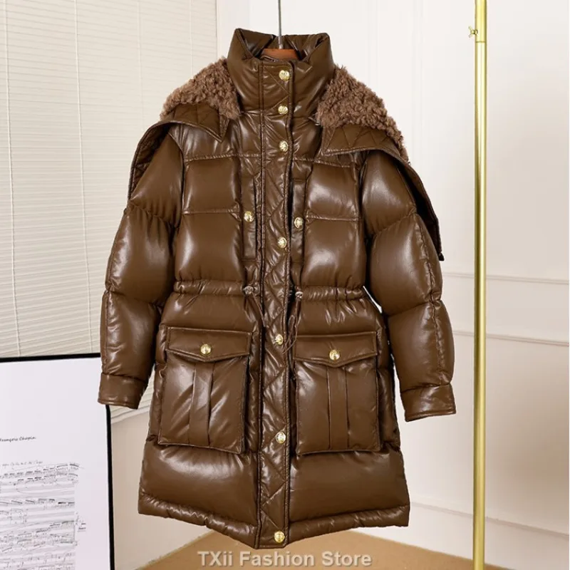 Ttxii-casacos de couro PU para mulheres, mais grosso quente, pele de lã de ovelha, puffer parkas com capuz, qualidade superior, moda inverno