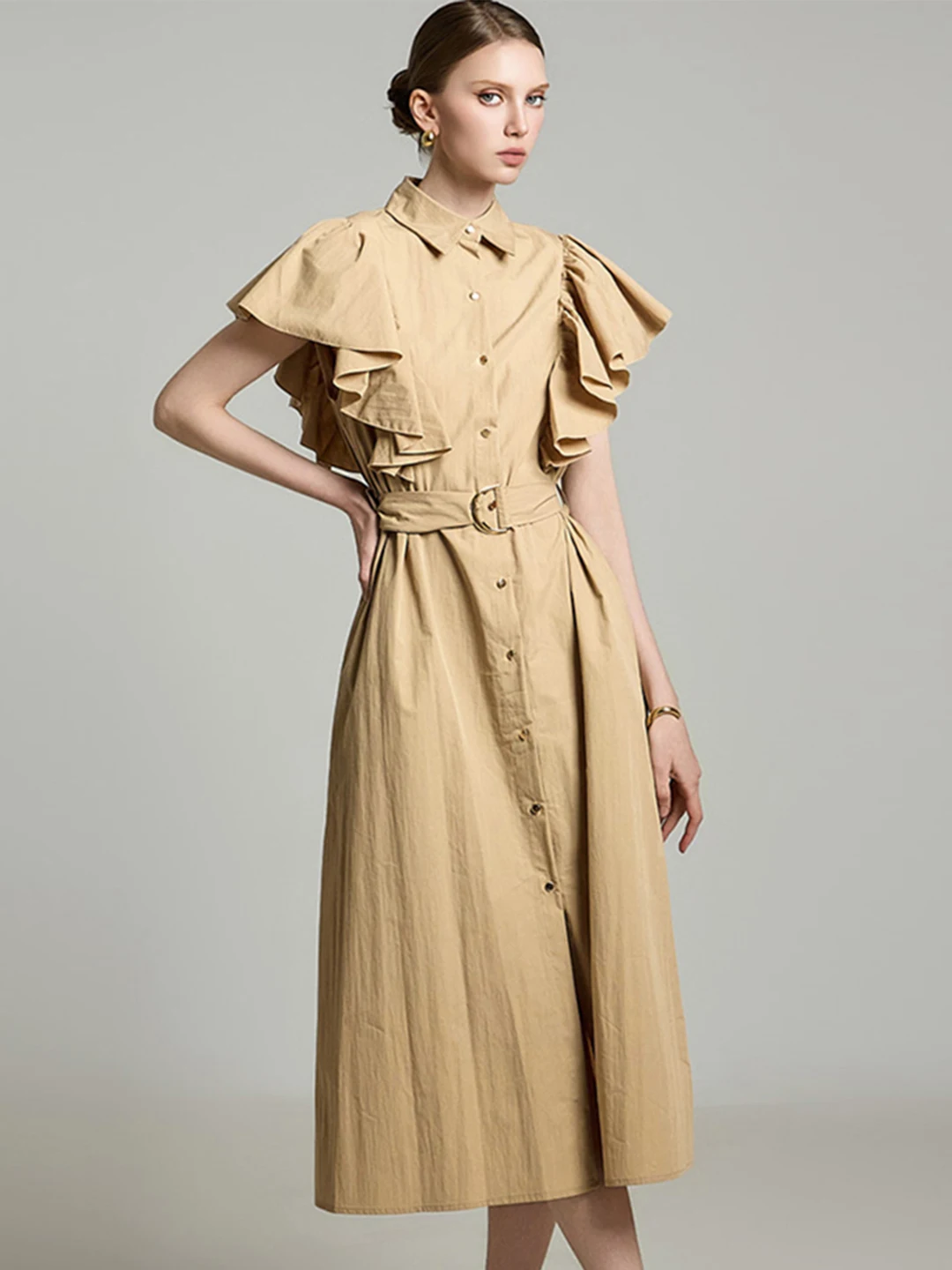 

lectual Queen 2026 Spring Summer New Single Button oulder Pad oulder Flounce Collar Waist Belt Dr Cotton Nylon