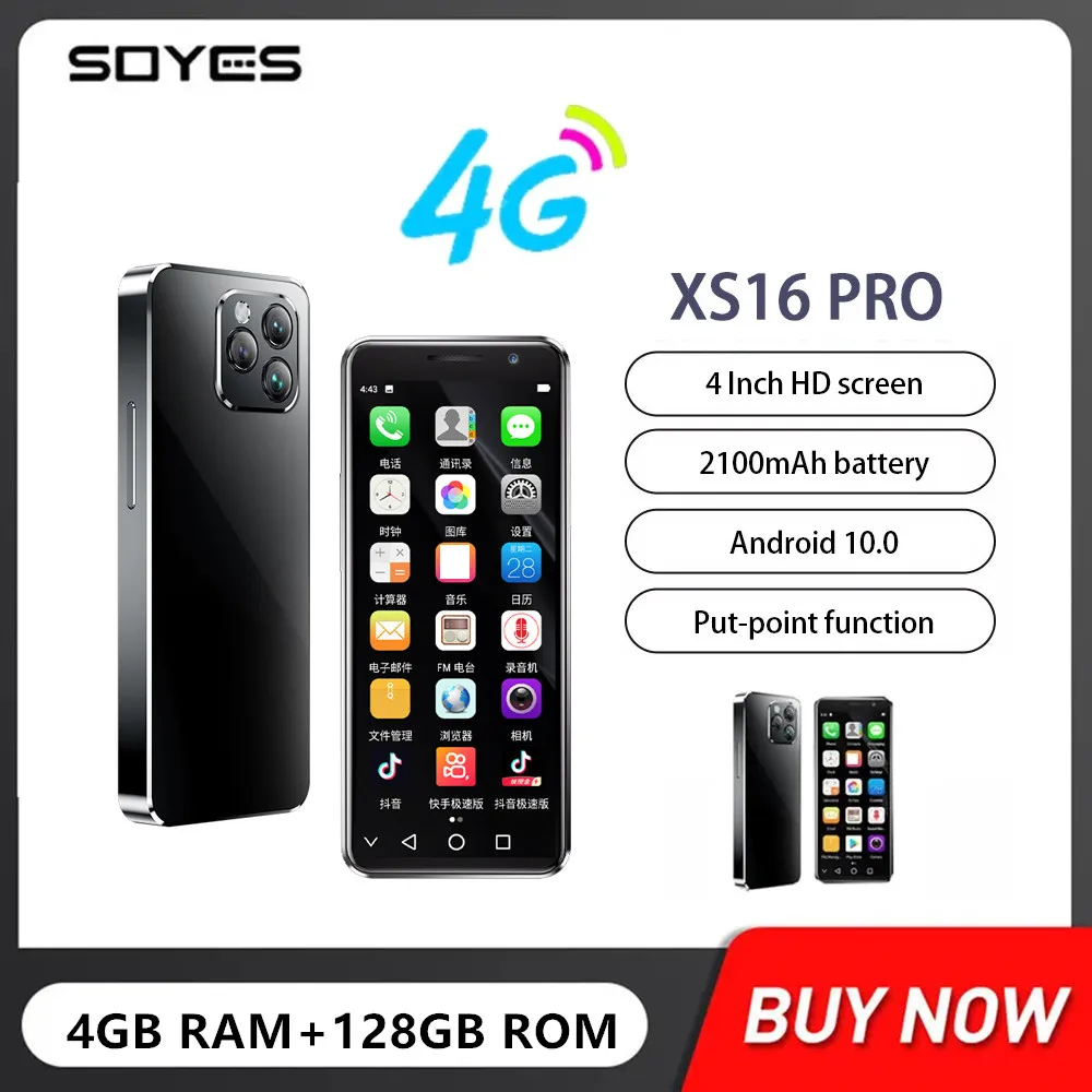 SOYES-teléfono inteligente XS16 Pro 4G, smartphone pequeño de ocho núcleos, 4GB + 128GB, 4 pulgadas, Android 10, batería de 2100mAh, identificación