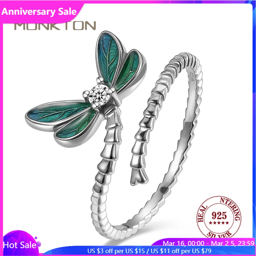 

Monkton 925 Sterling Silver Dragonfly Opening Ring Insect Adjustable Ring Pave Setting CZ for Women Fashion Fine Jewelry