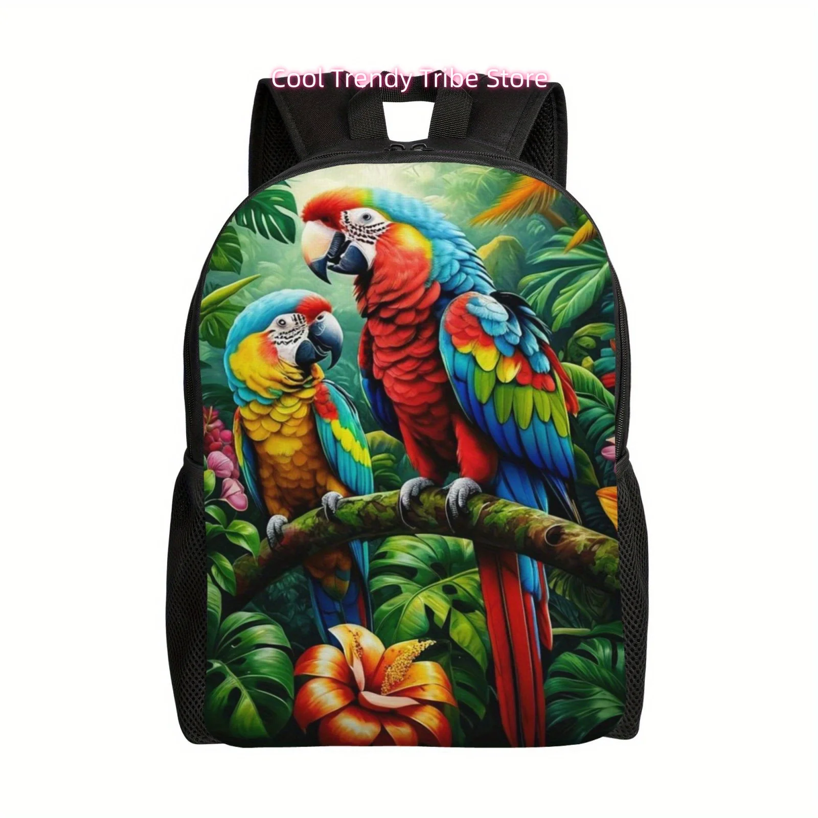 Chic Parrot Print Lightweight Backpack - Adjustable Straps, Large Capacity for Laptop & Books, Perfect for Work, Travel & Colleg