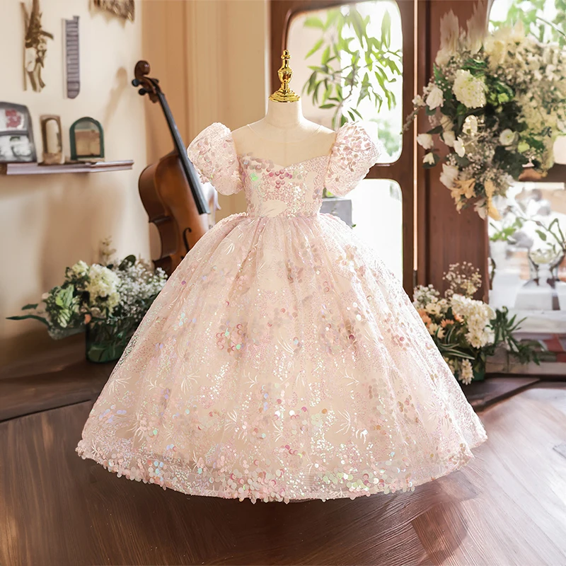 Flower Girl Champagne Pink Dresses for Wedding Bridesmaid Kids Formal Luxury Birthday Party Sequin Dress Long Evening Gown Child