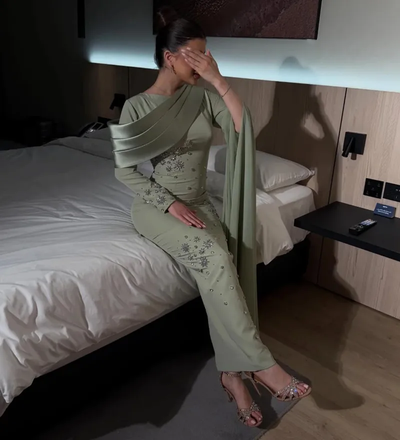 

Modern Mermaid Long Sleeves Prom Dress Simple O-Neck Pleat Shiny Crystal Beaded Floor-Length Evening Dress 2026 Customized