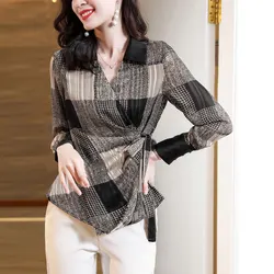 2024 Spring Autumn Plaid Spliced Blouse Stylish Asymmetrical Bandage Women's Clothing Long Sleeve Commute Turn-down Collar Shirt