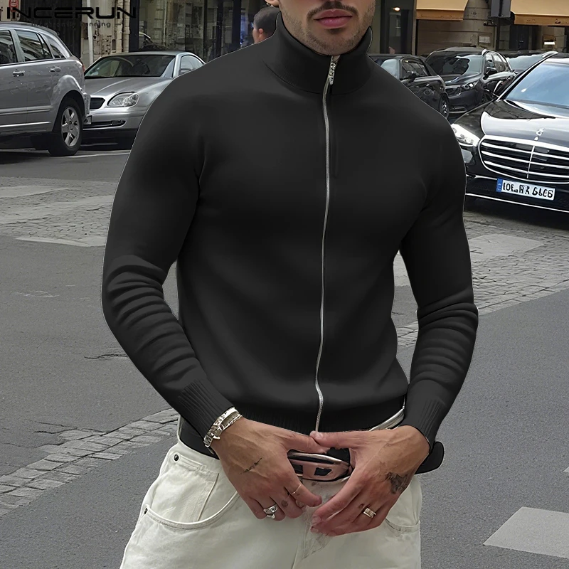 INCERUN Men Sweatshirts Solid Color Stand Collar Long Sleeve Zipper Male Cardigan Streetwear Autumn 2025 Fashion Casual Hoodies