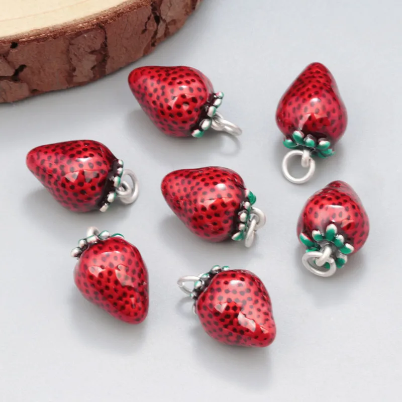 

Vintage Enamel Red Strawberry Pendant for Jewelry Making Ethnic 3D 925 Sterling Silver DIY Material can Make Bracelet Necklace