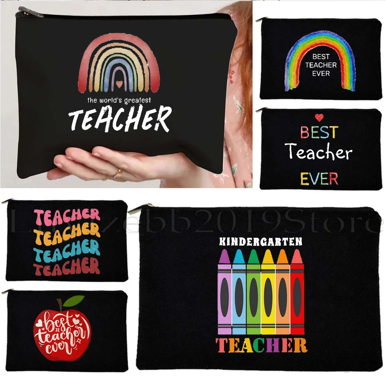 

Cute Best Teacher Ever Flower Butterfly Apple Boho Rainbow Book School Teacher Gift Canvas Cosmetic Makeup Bag Pencil Case Pouch