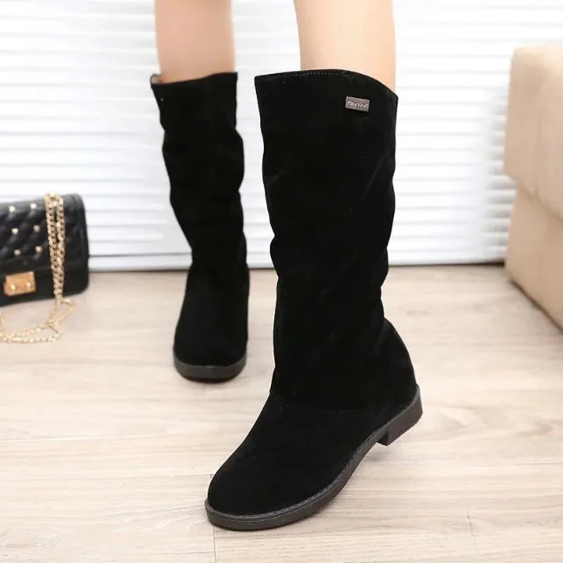 Pleated Boots Women Faux Suede Flock Mid-calf Boots 2025 Winter Fashion Slip on Square Low Heel Knight Booties Female Footwear