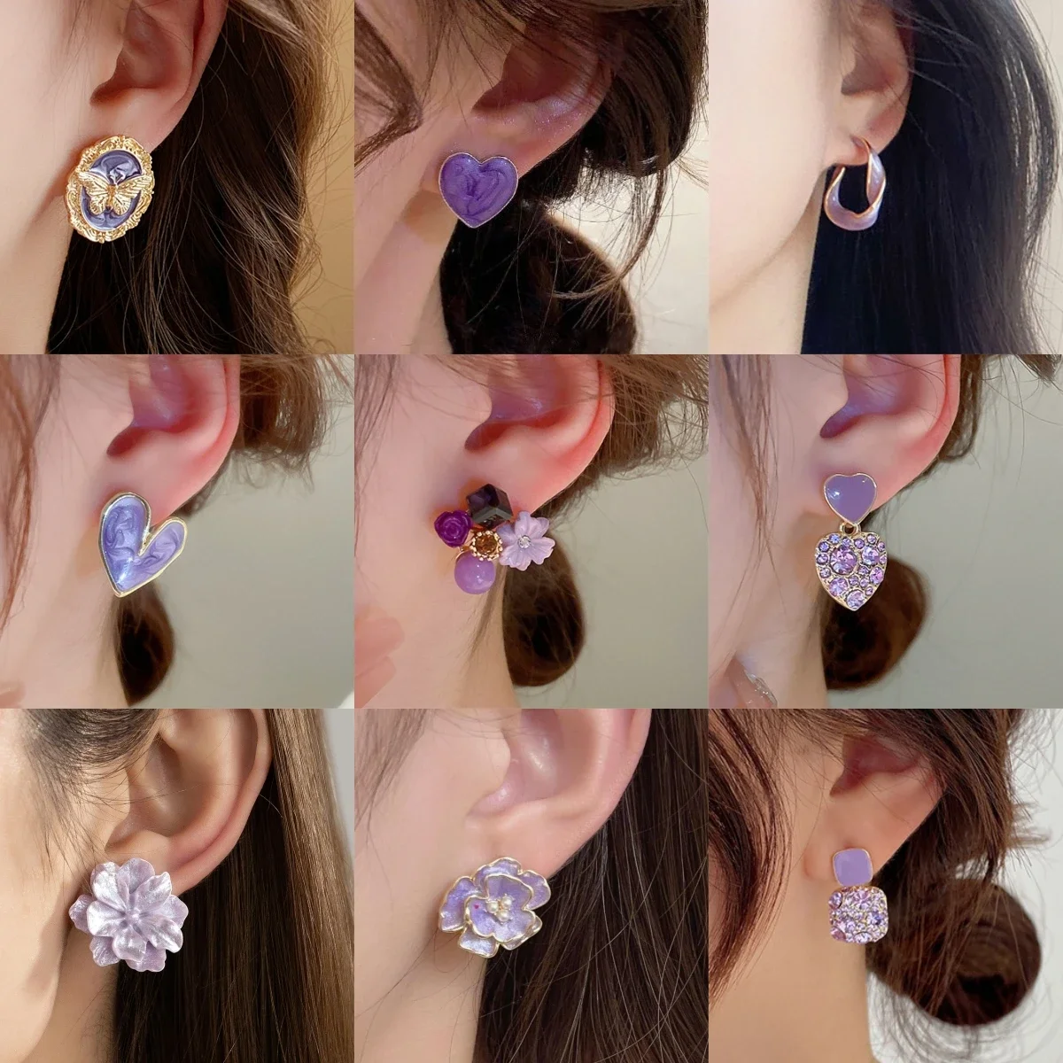 Purple Color Geometry Heart Flower Square Butterfly Bear Coral Cup  Water Drop Earring for Women Enamel Jewelry Christmas Gift