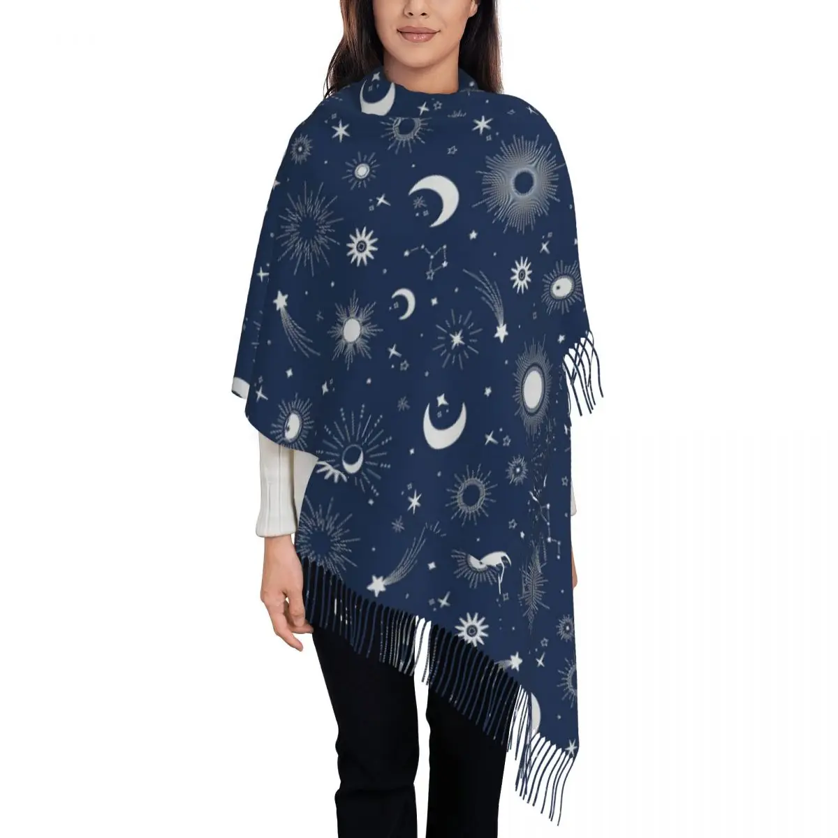 Starry Sky Space Galaxy Sun Moon Scarf Tassel Scarves for Women Soft Warm Shawls and Wraps Large Fall Winter Shawl Wrap