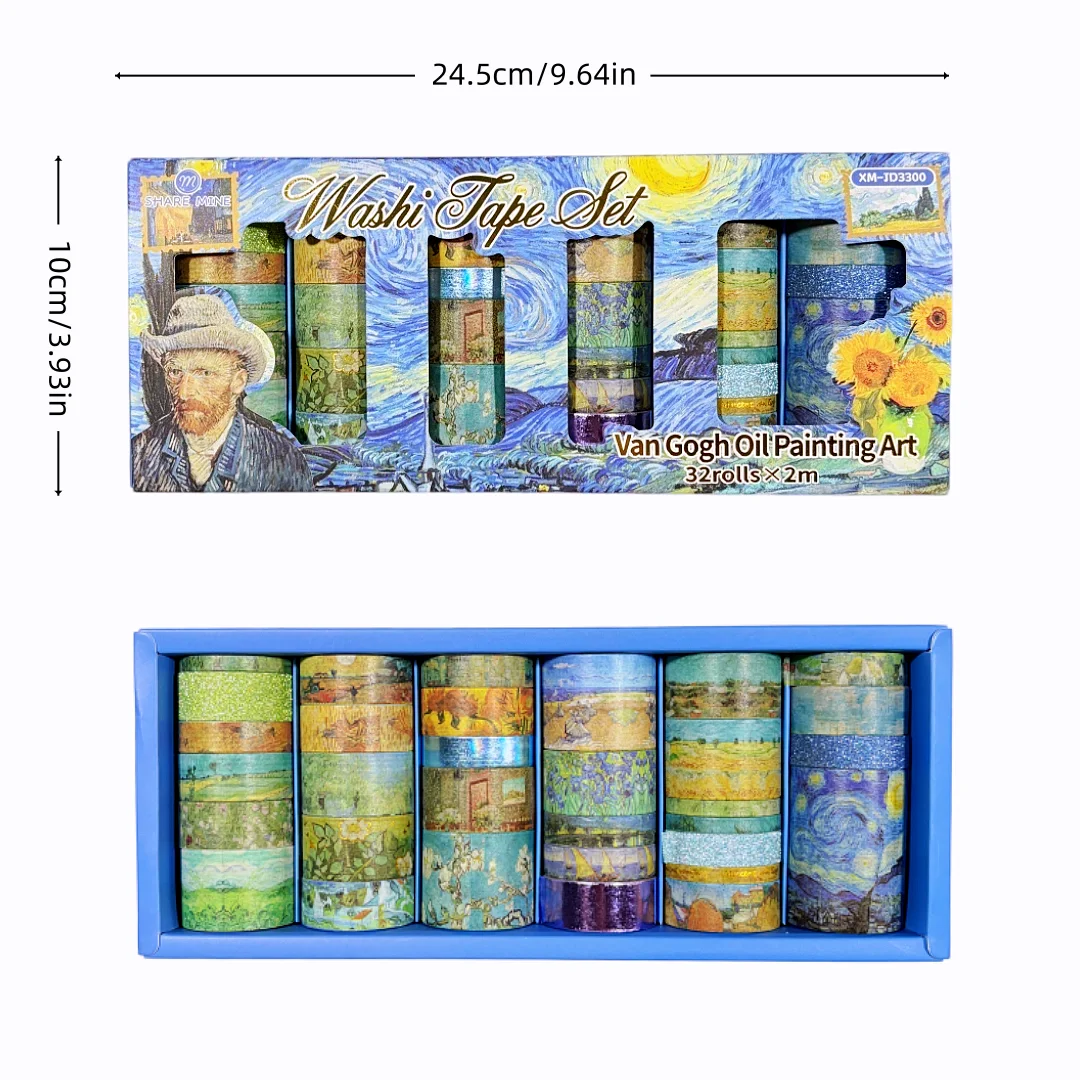 Oil Painting Art Washi Tape Set, Multi Size Decorative Masking Tape, 32 Rolls Per Box, 2m Per Roll, for Journal Scrapbooking