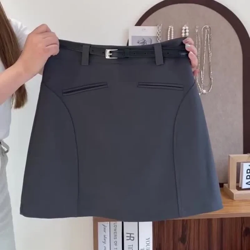 

New Office Lady Elegant Mini Skirt Women Classic Gray A-Line High Waist With Belt Summer Solid Color Pocket Slim Short Jupe