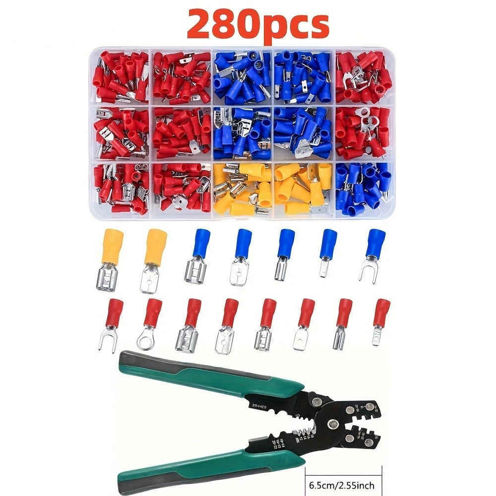 280pcs Insulated Wire Electrical Connectors with Tool Assorted Male/Female Wire Cable Crimp Terminals U-Type Fork Spade Butt