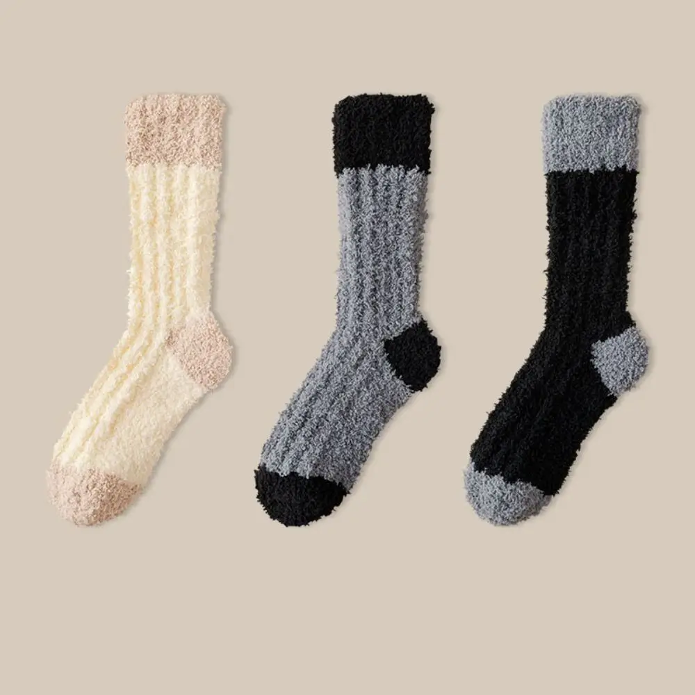3Pairs Cute Thickened Coral Fleece Socks Sleeping Winter Floor Plush Socks Hosiery Simple Mid Tube Socks Women Winter