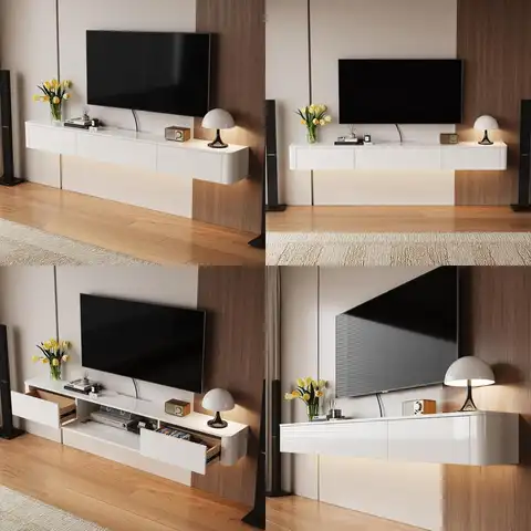 Supporto TV galleggiante lucido con cassetti, mobile TV da parete da 70 pollici, console TV galleggiante, centro di intrattenimento galleggiante Medi