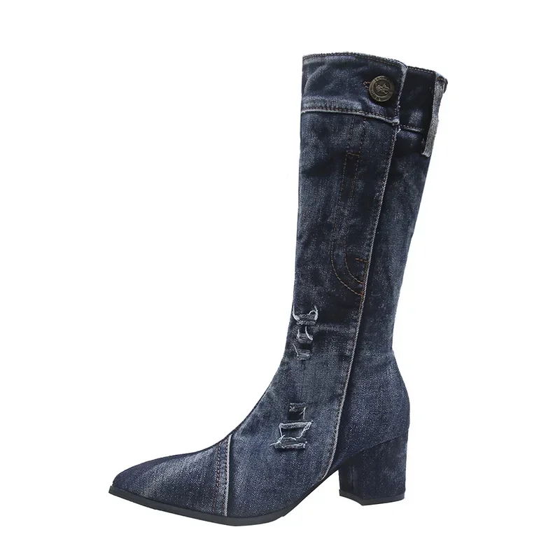 Sexy Jean Boots Women\'s Mid Calf Boot Zipper High Heel Woman Stylish Jeans Boots Ladies Denim Boot Female Shoes Cowboy 2024