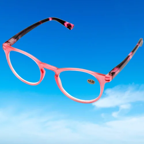 

Spring Hinged Pink Round Reading Glasses For Men Women +1 To +4