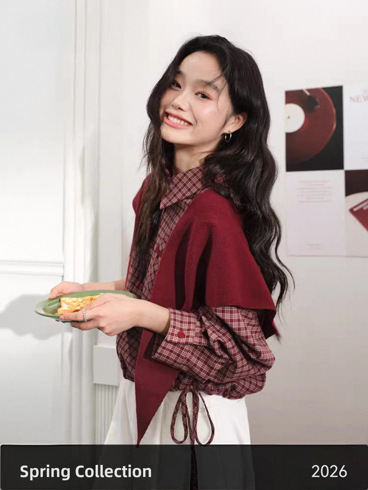 

Красный клетчатый комплект из двух предметов: пальто с длинными рукавами и воротником-хомутом, повседневный модный костюм из полиэстеровой смеси для женщин, весна, Новый год