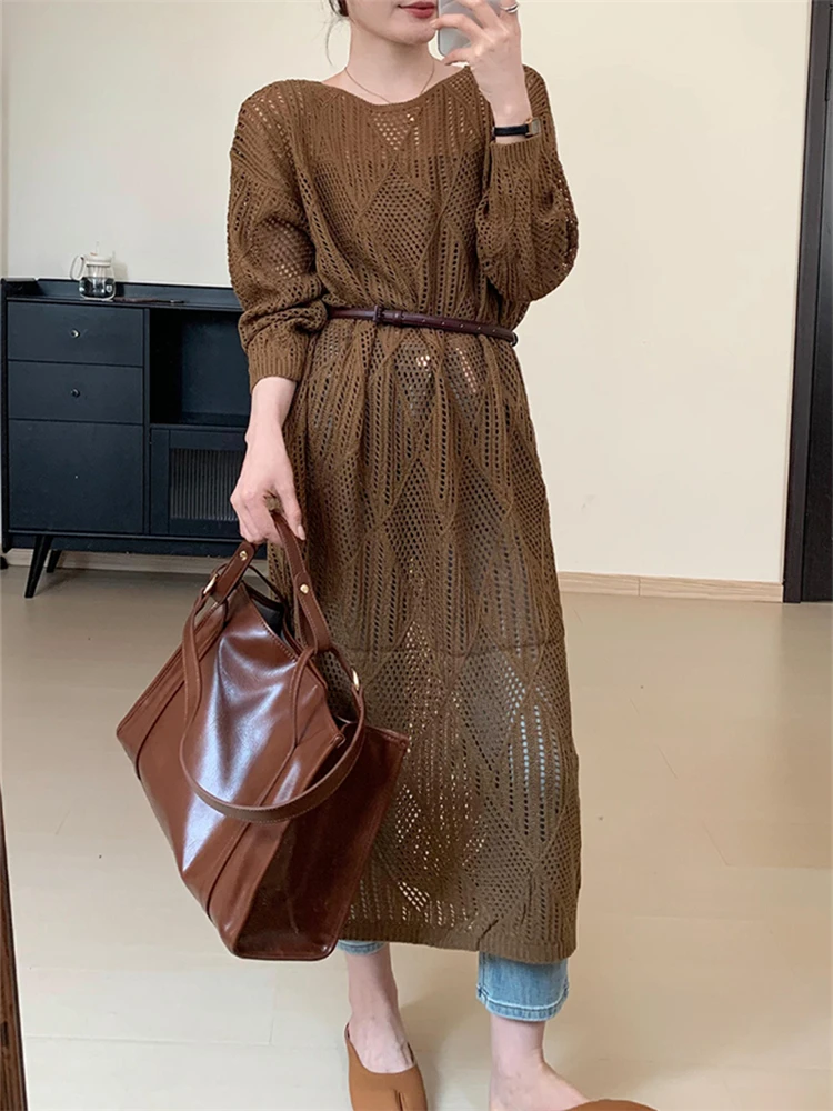 Colorfaith DR5483JX New 2023 Oversized Cutout Knitting Elegant Korean Fashion Wild Elasticity Women's Autumn Winter Long Dresses