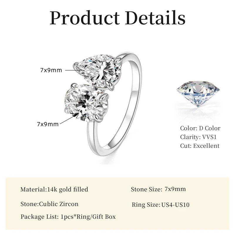 Lnngy 7 x 9 mm ovaler/birnenförmiger klarer Zirkon-Ring, exquisites Design mit zwei Steinen, verstellbare Ringe für Frauen, 2026 Trend-Schmuck, Geschenk – Detail 9