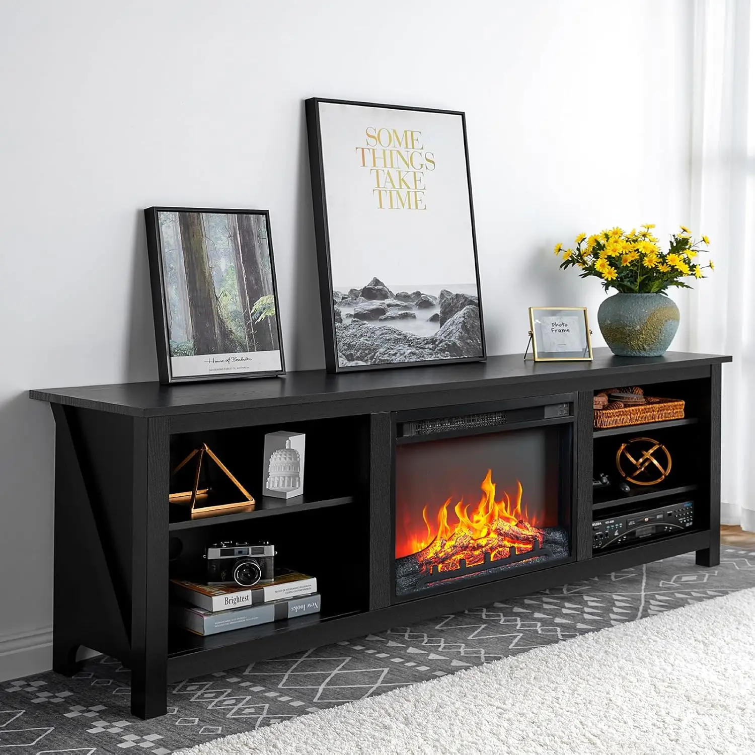 

AMERLIFE Fireplace TV Stand, Wood Texture Entertainment Center with 23'' Electric Fireplace, Farmhouse Entertainment Stand Media