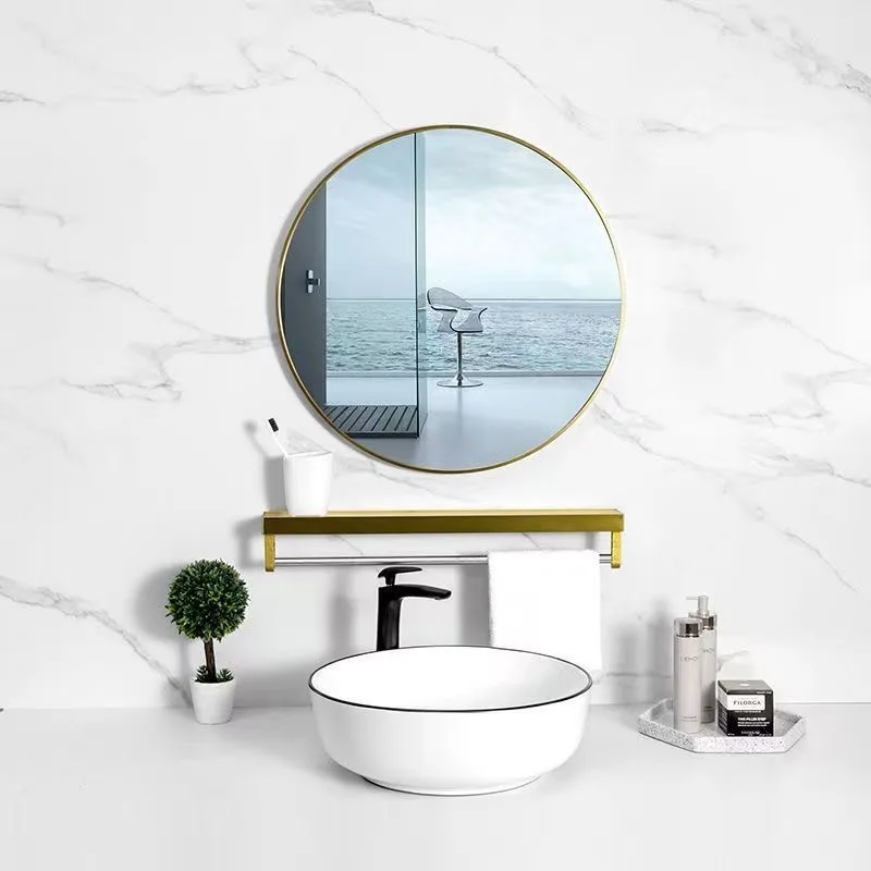 20inch Round Wall Mounted Mirror with Wooden Shelf Modern Minimalist Vanity Mirror for Bathroom Bedroom Living Room Home Hotel