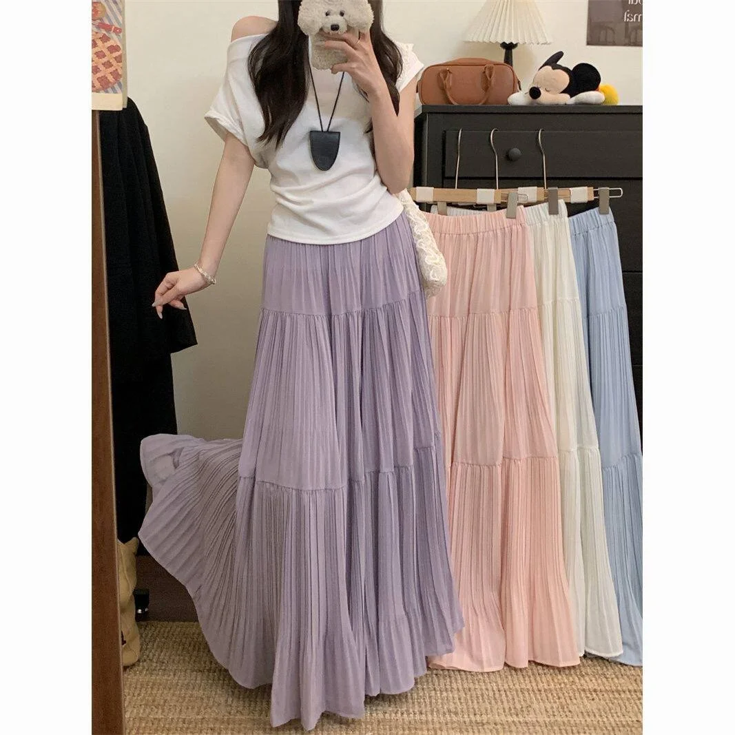 Summer Women's High Waist Loose Drapey  Color Long Skirt Heavy Duty Pleating Splice A-Line Midi Dress Casual Polyester