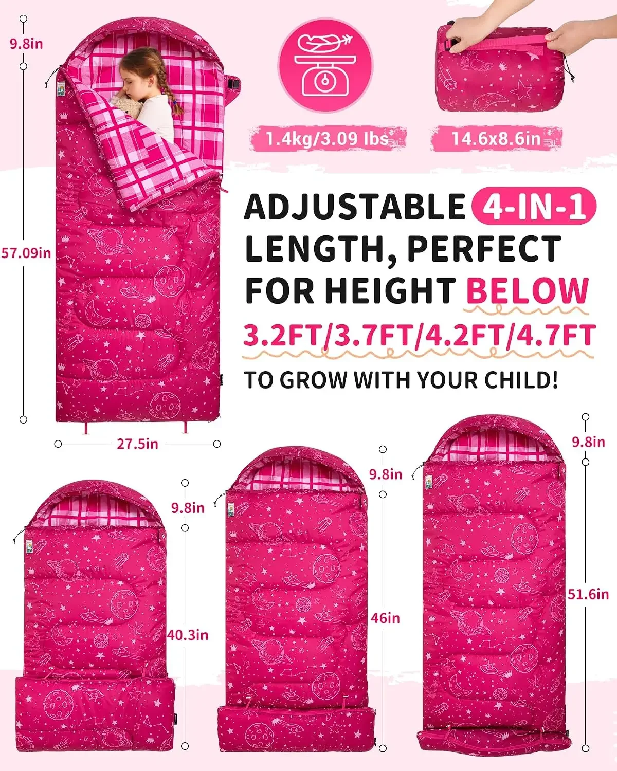 45°F Kids Sleeping Bag, Lightweight Waterproof & Compact Flannel Sleeping Bags Cold Weather & Warm Youth Essentials Gear