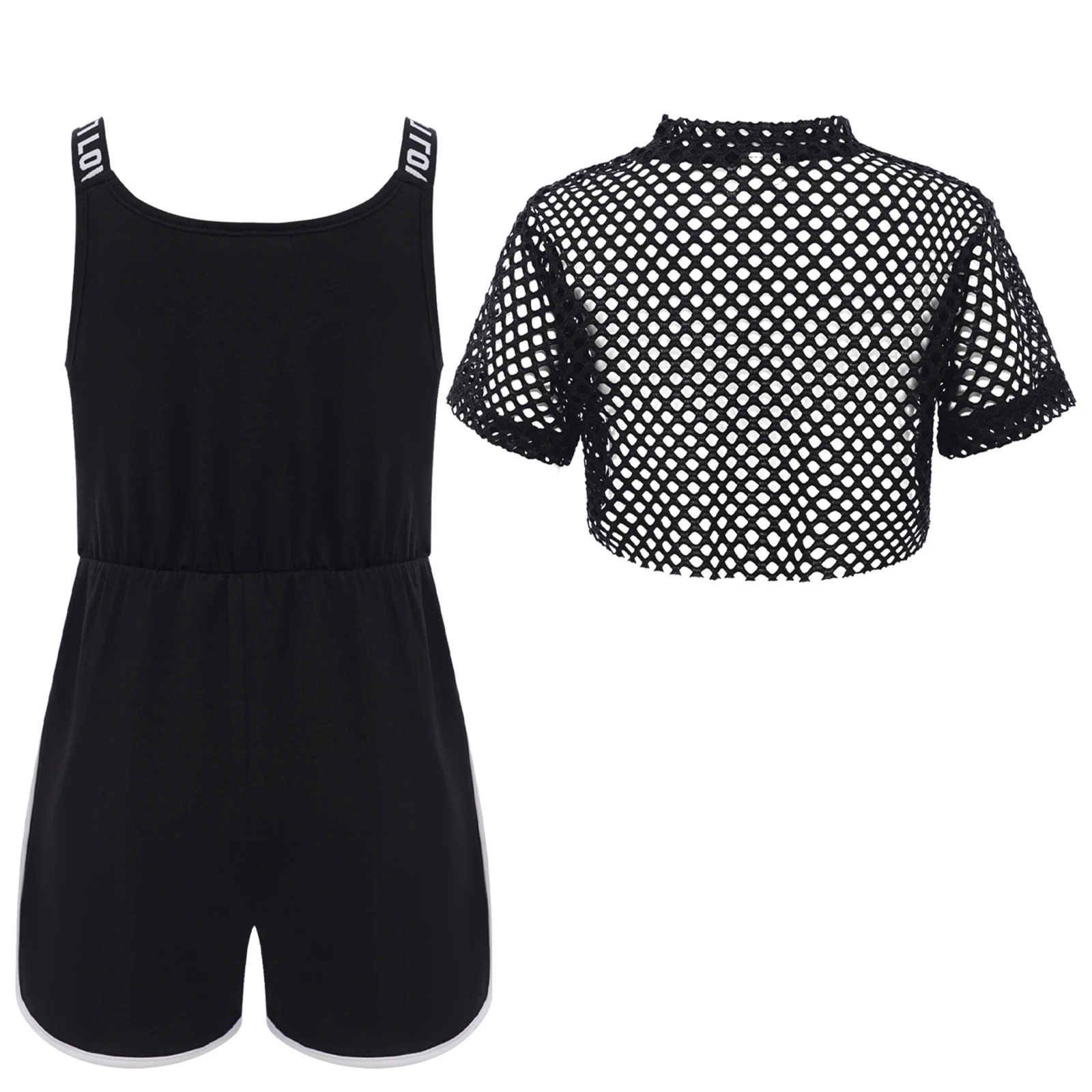 بدلة رياضية للتنس مكونة من قطعتين للفتيات الصغيرات، ملابس رياضية للياقة البدنية، بلوزة قصيرة شبكية مجوفة مع بذلة مطبوعة بحروف
