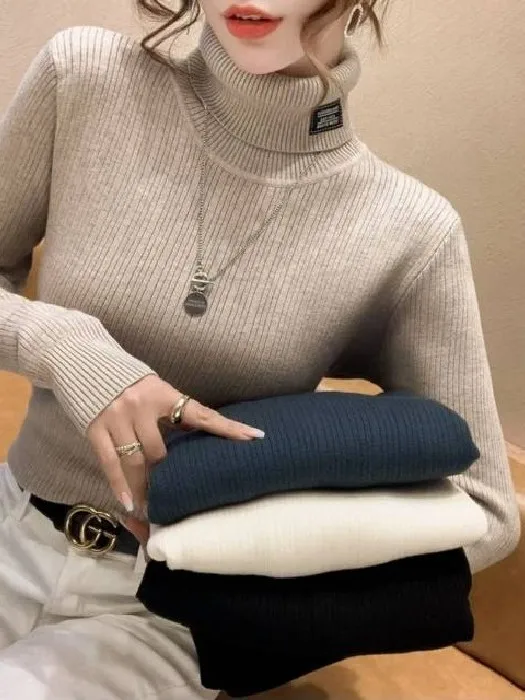 

Autumn Winter Thickened High Collar Knitted Sweater Women's Inner Wear Fleece Lined Warm Casual Style Long Sleeve Top
