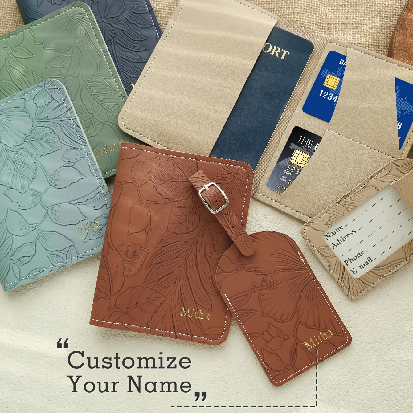 

2PCS Custom Hot Stamping Name Passport Holder & Luggage Tag Set with Carved Flower Pattern Handmade Elegant Travel Accessories