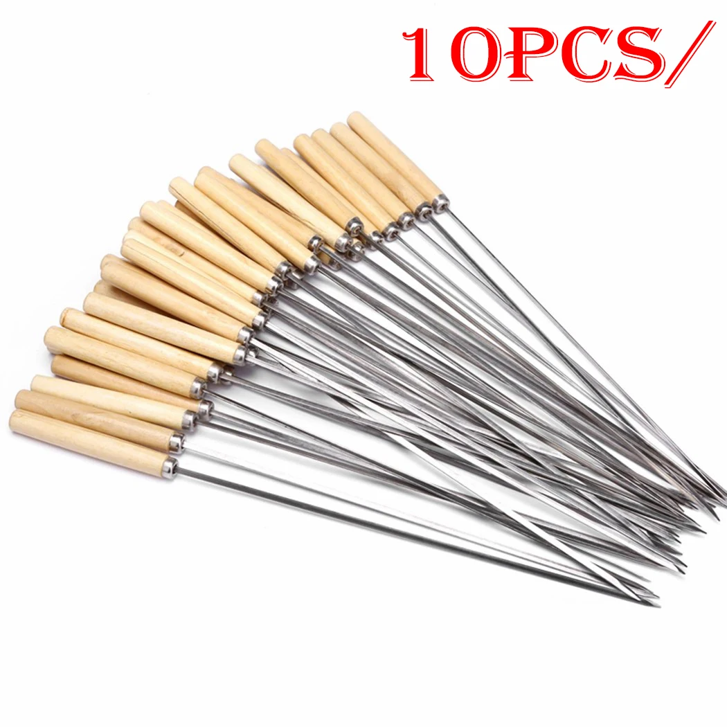 

D5 10Pcs/Set Barbecue Skewer Wooden Handle Stainless Steel Kabob Skewer BBQ Stick Outdoor Camping Kitchen BBQ Tools Accessories