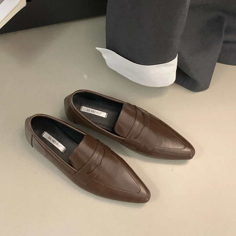 British Style Autumn Fashion Women\'s Shoes 2024 New Solid Color Pointed Toe Flats Decoration Slip-On Women Casual Loafers  Mujer