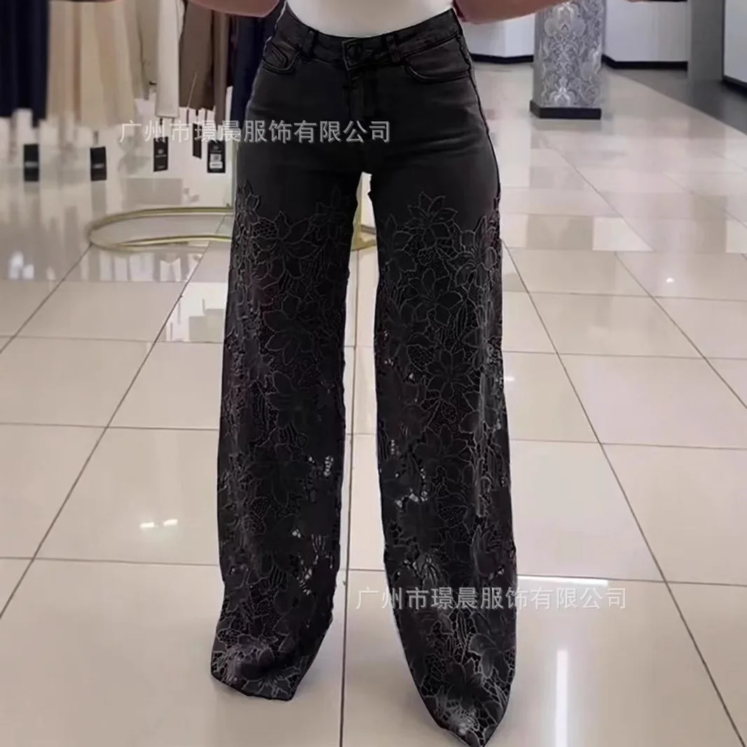 Long Wide Leg  jeans for woman Casual Solid Color High-Waist Wide-Leg Pants Female Straight Trousers Lace Hollow Straight Pants