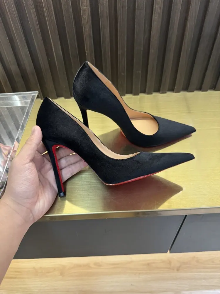 Green velvet high-heeled shoes for women, new winter slim heel 12cm, elegant and not tiring, sexy pointed toe for ladies view 5