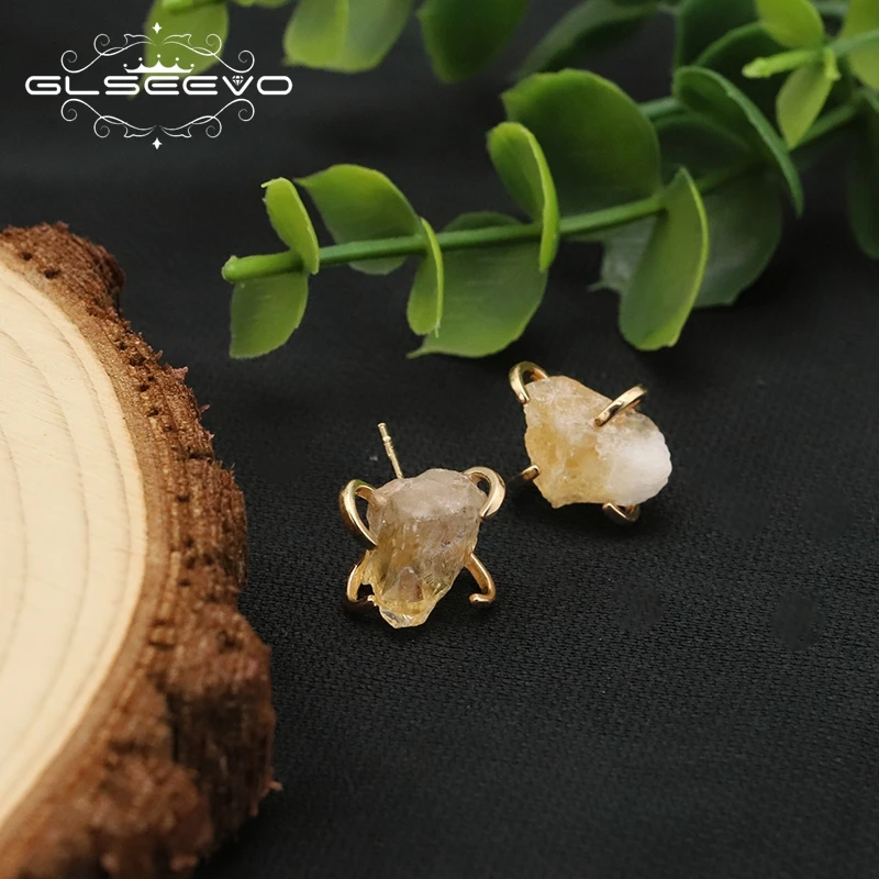 GLSEEVO Citrine Natural Stone Women's Earrings Luxury Designer Jewelry Korean Fashion Simple Stud Earrings Anniversary Gifts